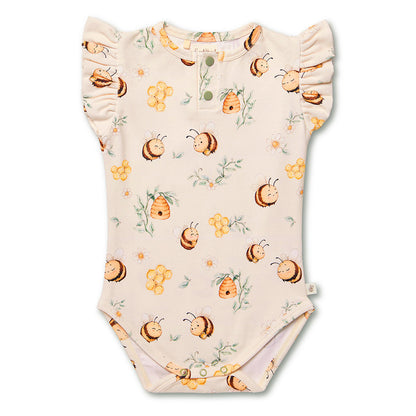 Snuggle Hunny Bumblebees bodysuit with frill flatlay