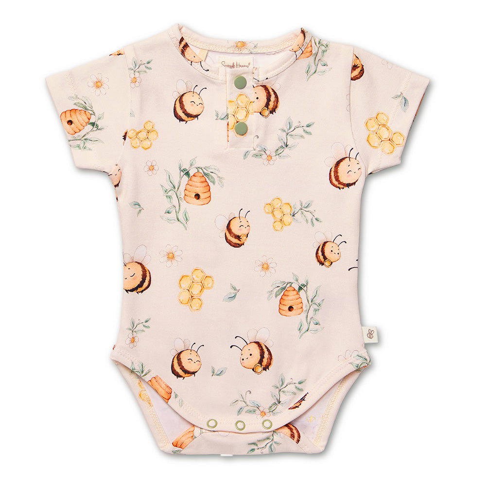 Snuggle Hunny Bumblebees short sleeve organic bodysuit flatlay