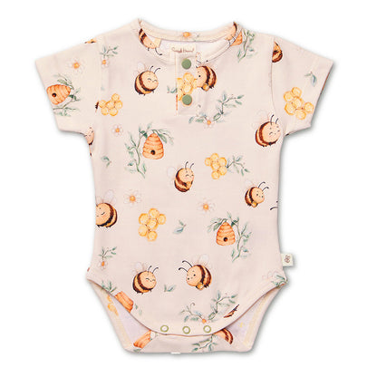 Snuggle Hunny Bumblebees short sleeve organic bodysuit flatlay