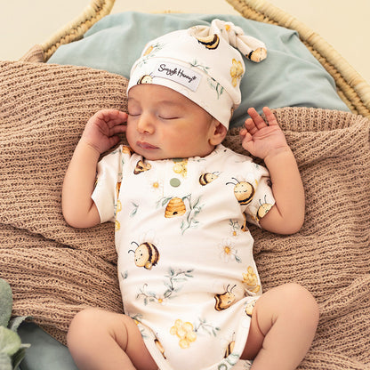 Baby wearing Snuggle Hunny Bumblebees short sleeve organic bodysuit