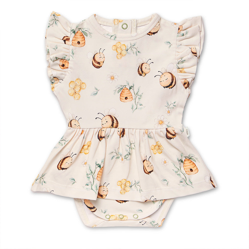 Snuggle Hunny Bumblebees short sleeve organic dress flatlay