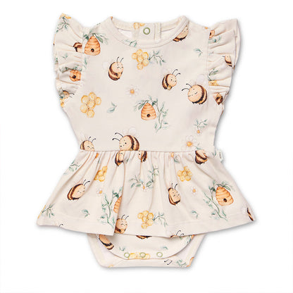 Snuggle Hunny Bumblebees short sleeve organic dress flatlay
