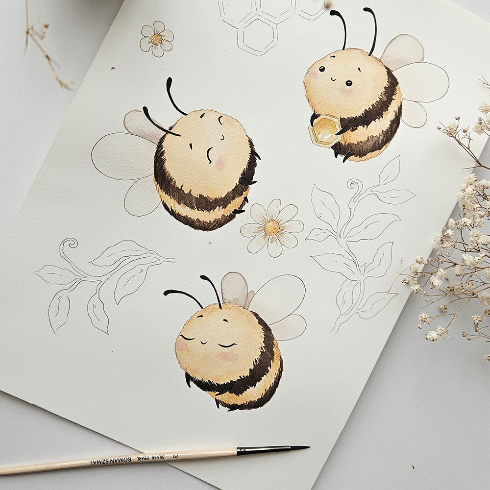 Snuggle Hunny Bumblebees watercolour print detail