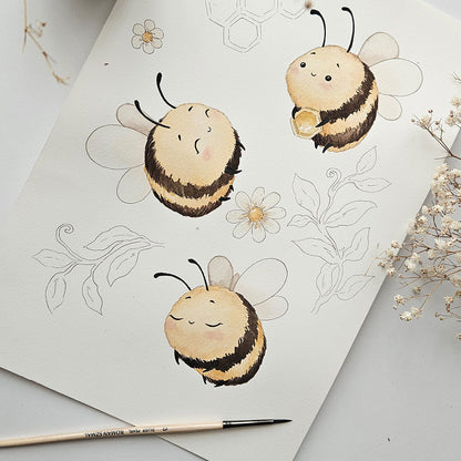 Snuggle Hunny Bumblebees watercolour print detail