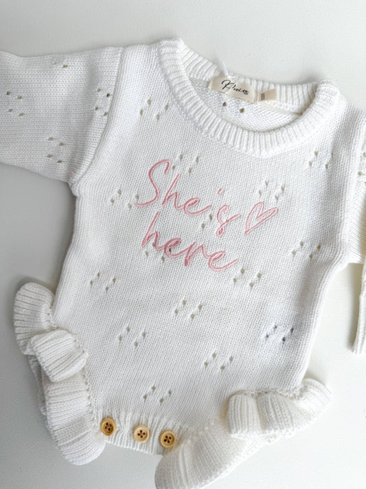 Petite + Co - SHE'S HERE HEART - POINTELLE ROMPER | MILK