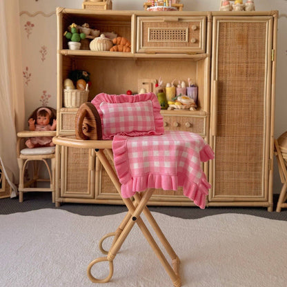 SALLI COLLECTIVE - Frilled tulip Pink Gingham doll Blanket + Pillow set