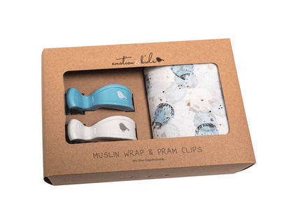 Emotion & Kids - Blue Hot Air Balloon Muslin & Blue White Pram Clip Set