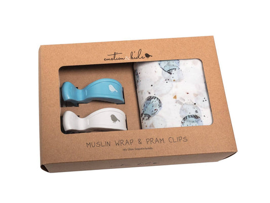 Emotion & Kids - Blue Hot Air Balloon Muslin & Blue White Pram Clip Set