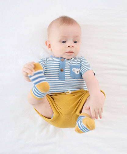 Lūmmi in Colour Babywear - Organic Cotton Short Sleeve Bodysuit - Koala & Blue Stripes