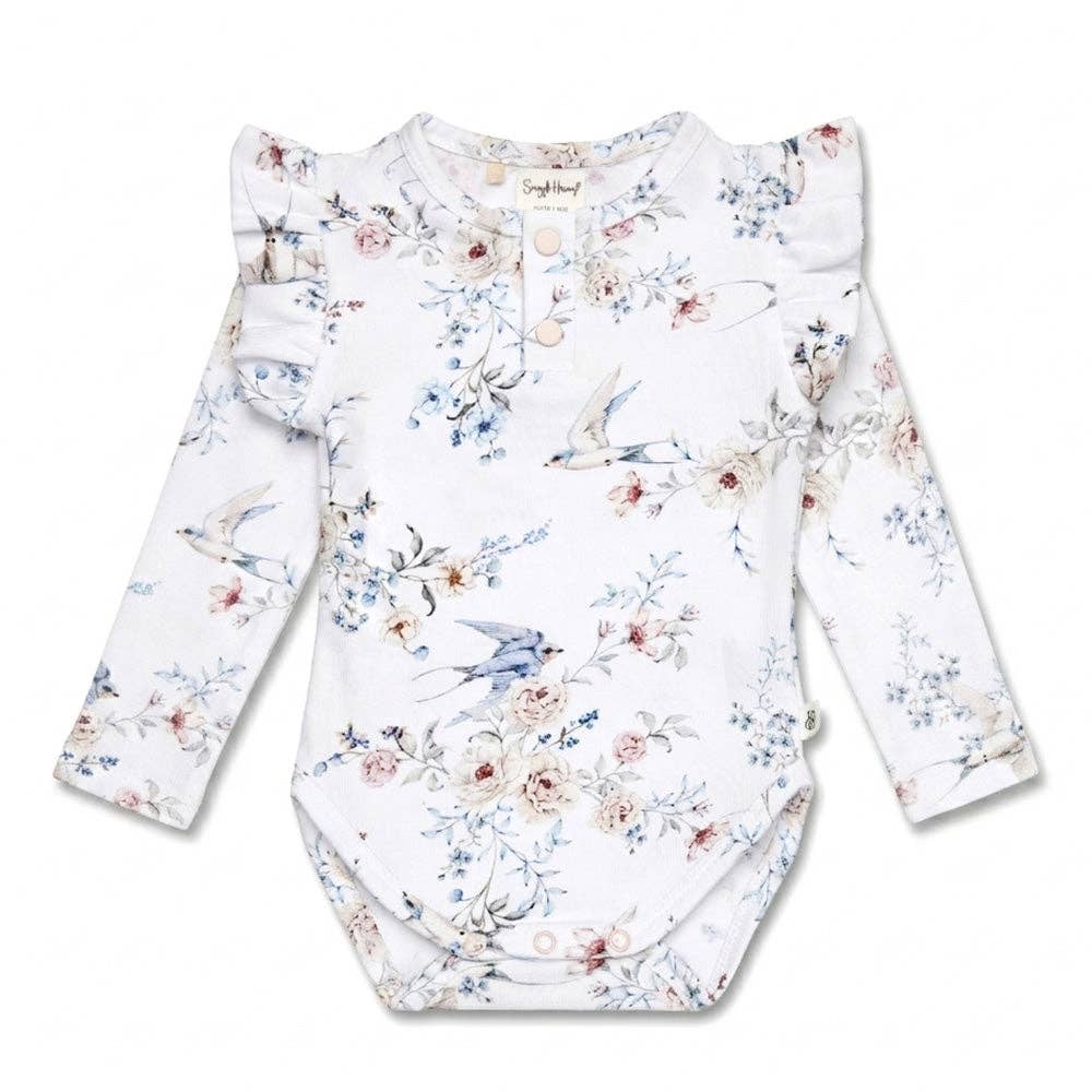 Snuggle Hunny - Sweet Swallows Long Sleeve Organic Bodysuit with Frill