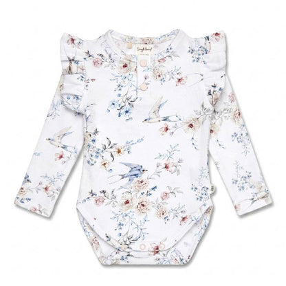 Snuggle Hunny - Sweet Swallows Long Sleeve Organic Bodysuit with Frill