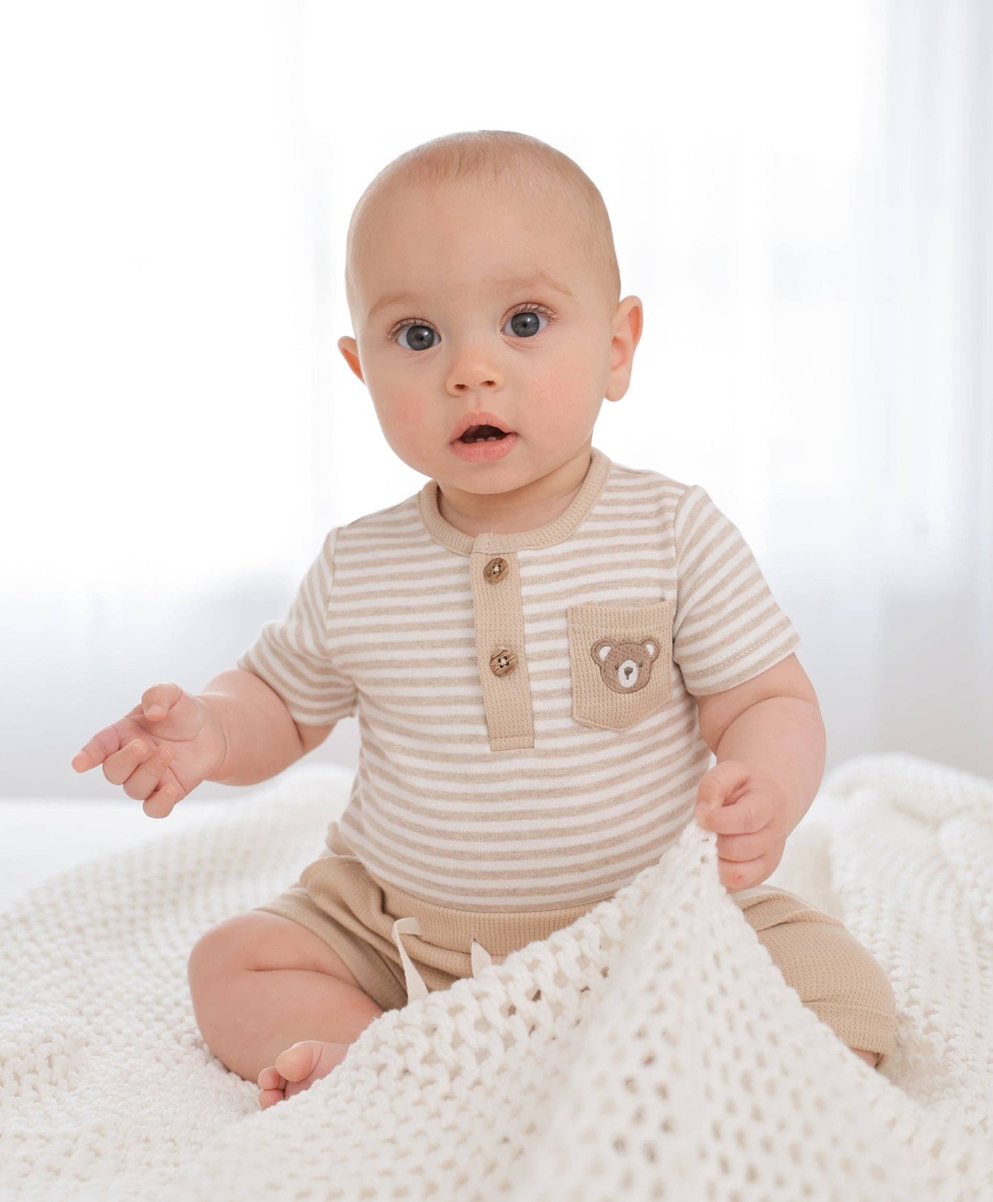 Lūmmi in Colour Babywear - Organic Cotton Short Sleeve Bodysuit - Bear & Oat Stripes