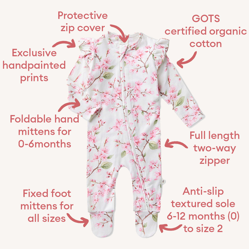 Snuggle Hunny Cherry Blossom Organic Snuggle Sleepsuit Zip Footie with Frill