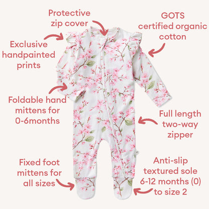 Snuggle Hunny Cherry Blossom Organic Snuggle Sleepsuit Zip Footie with Frill