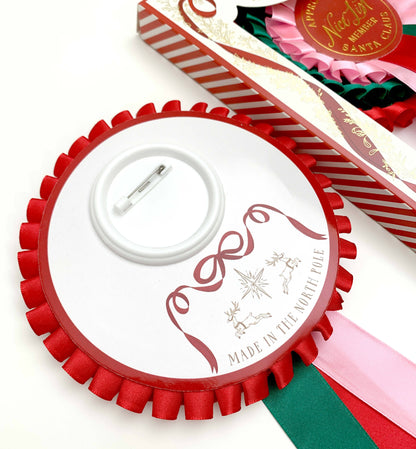 Black Bow Studio - Nice List Member Christmas Rosette Badge Pink/Red