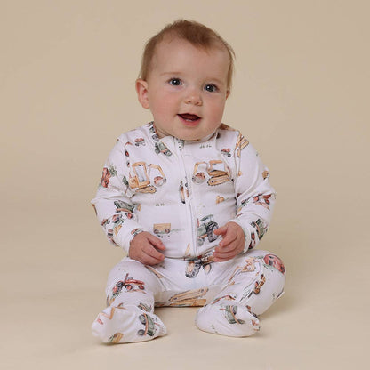 Snuggle Hunny - Diggers & Tractors Organic Snuggle Sleepsuit Zip Footie