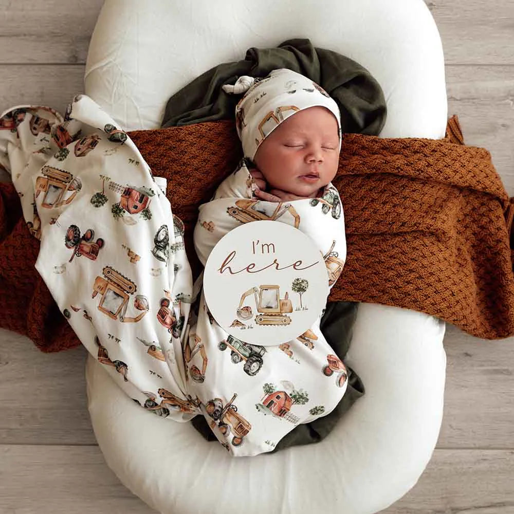 Snuggle Hunny - Diggers & Tractors Organic Jersey Wrap and Beanie Set