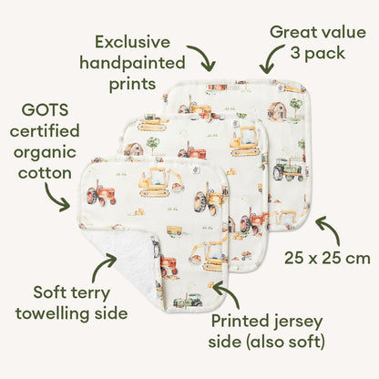 Snuggle Hunny Diggers & Tractors Organic Wash Cloths - 3 Pack