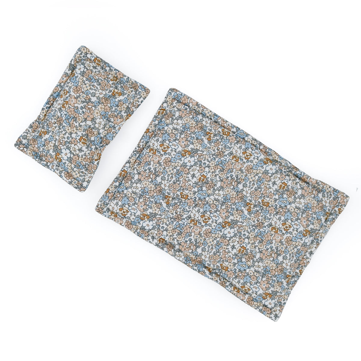Lola and Bear blue floral doll bedding set quilt and pillow flat lay