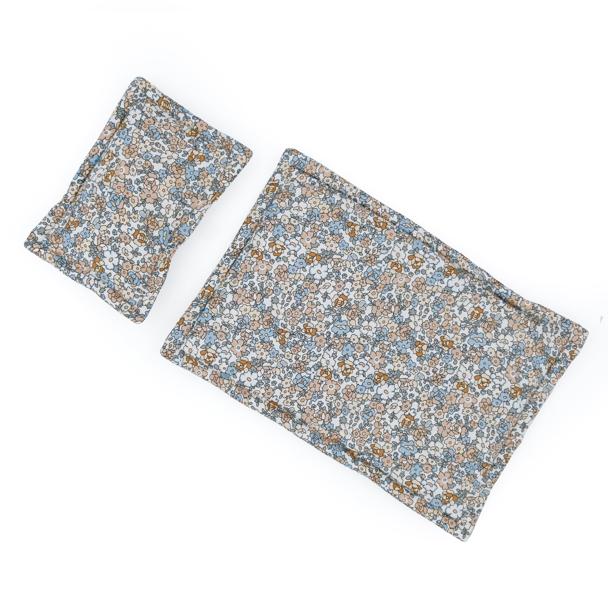 Lola and Bear blue floral doll bedding set quilt and pillow flat lay