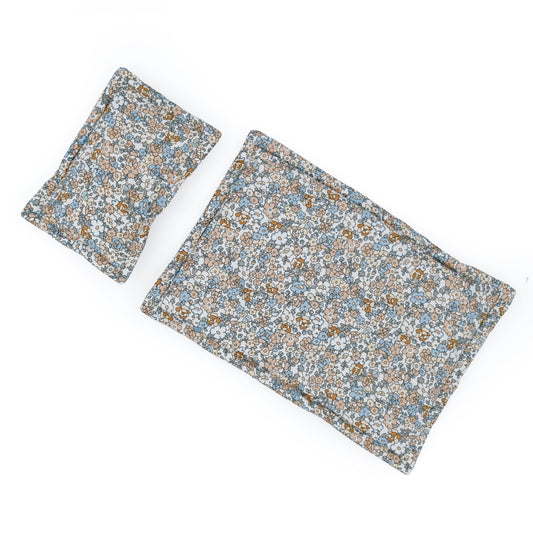 Lola and Bear blue floral doll bedding set quilt and pillow flat lay