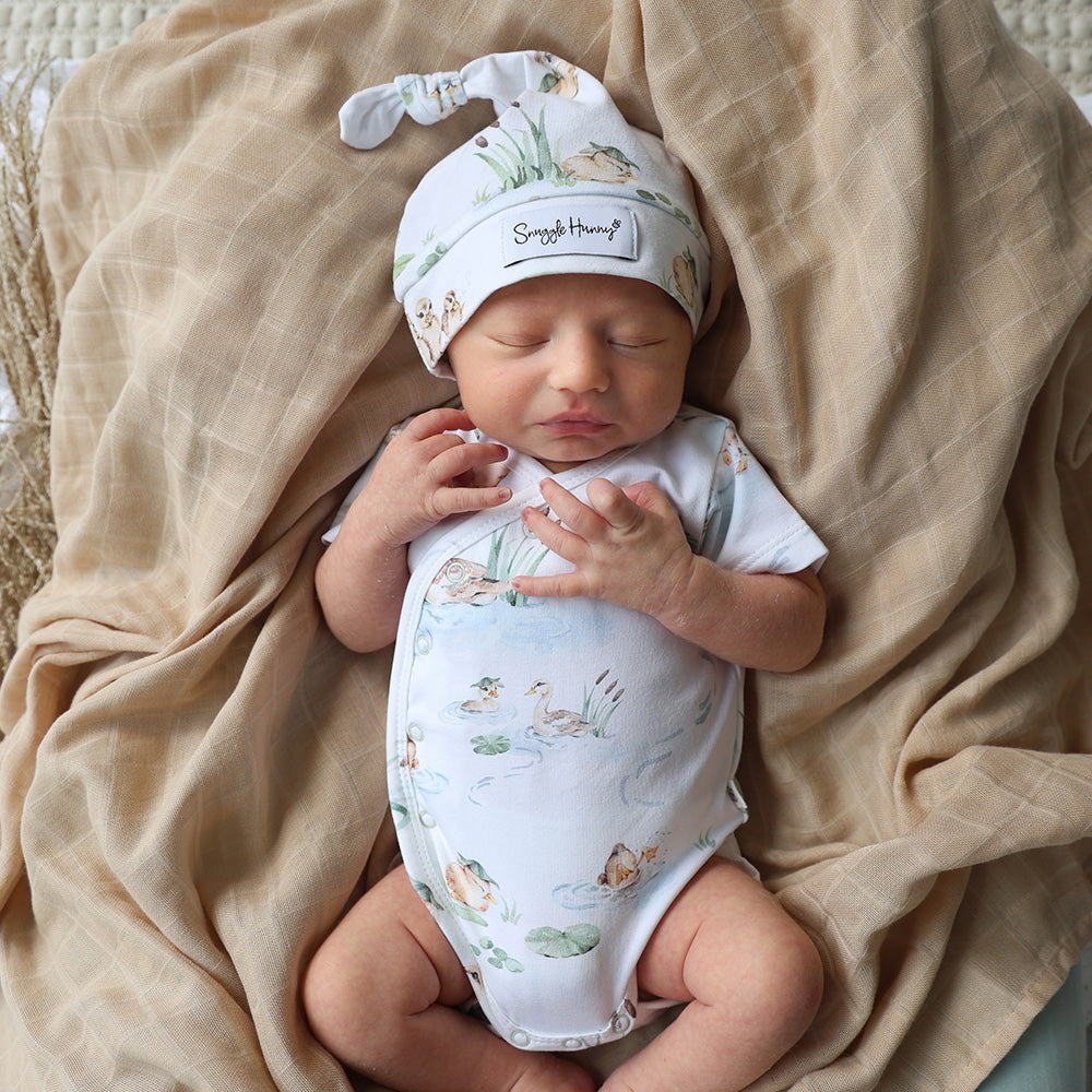 Snuggle Hunny Duck Pond kimono bodysuit on newborn