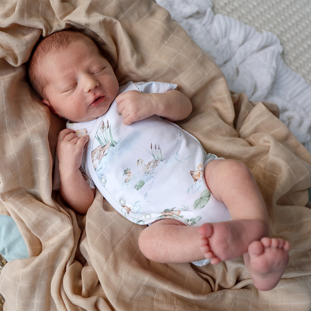 Snuggle Hunny Duck Pond kimono bodysuit lifestyle