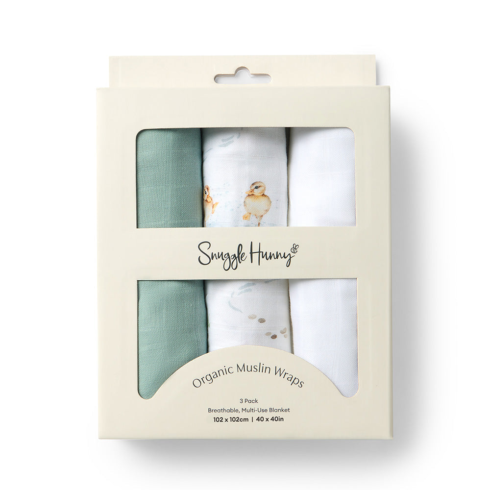 Snuggle Hunny Large Organic Muslin Wraps 3 Pack Duck Pond Sage Milk