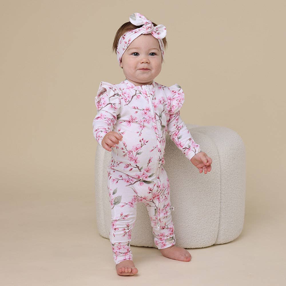 Snuggle Hunny - Cherry Blossom Organic Snugglesuit Convertible Romper with Frill