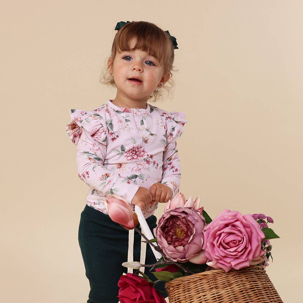 Snuggle Hunny - Birds & Blooms Long Sleeve Organic Bodysuit with Frill