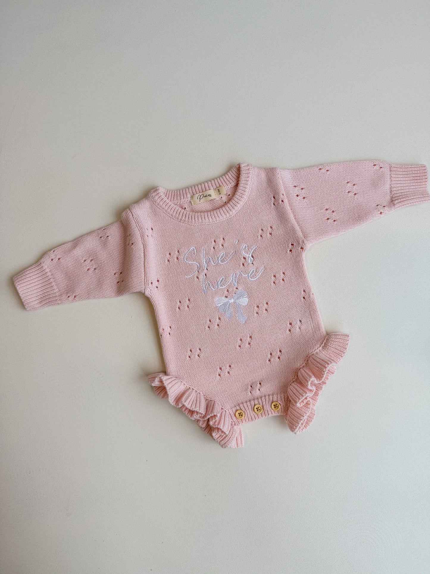 Petite + Co - She's Here Bow - Pointelle Frill Romper - Baby Pink