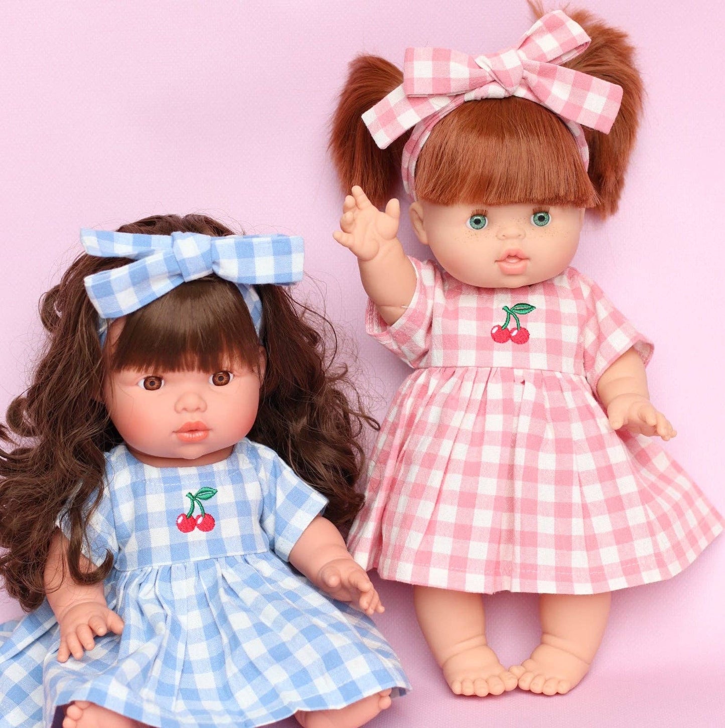 SALLI COLLECTIVE - Blush Cherry 🍒 Gingham Chloe Gingham dress - Fits 34-38cm Minikane Gordis, Mini Colettos, Llorens dolls