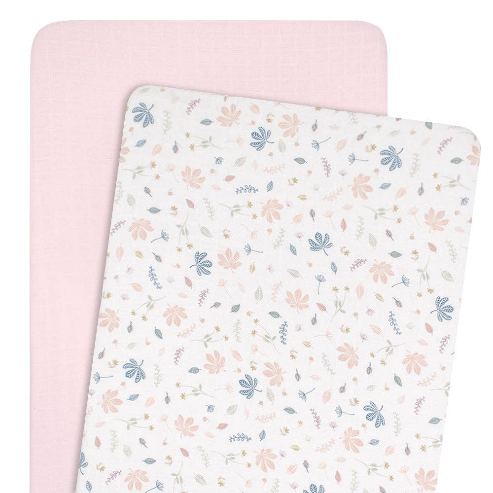 Living Textiles - Organic Muslin 2pk Cradle Fitted Sheet - Botanical