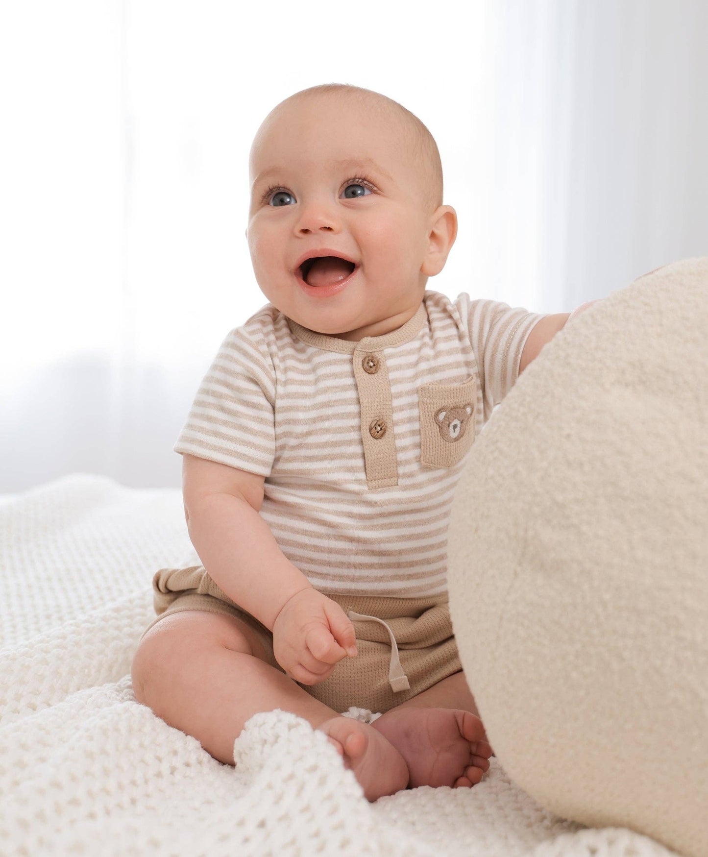 Lūmmi in Colour Babywear - Organic Cotton Short Sleeve Bodysuit - Bear & Oat Stripes