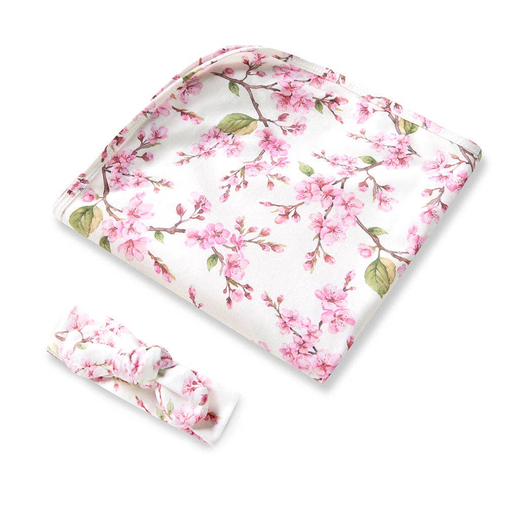 Snuggle Hunny - Cherry Blossom Organic Jersey Wrap & Topknot Set