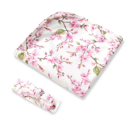Snuggle Hunny - Cherry Blossom Organic Jersey Wrap & Topknot Set