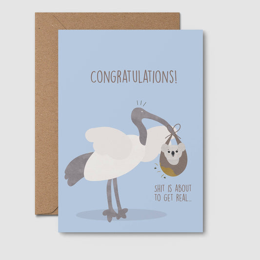 From Rosalie - Sh**s about to get real: Funny baby shower card blue