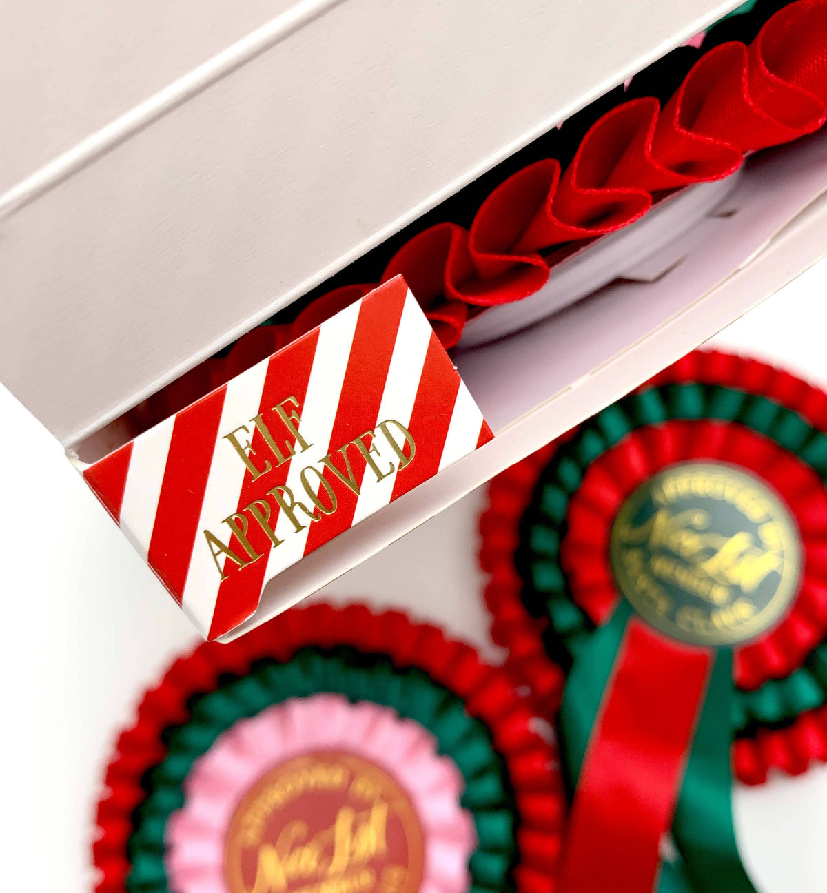 Black Bow Studio - Nice List Member Christmas Rosette Badge Pink/Red