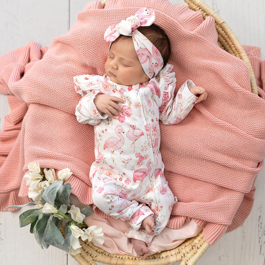 Snuggle Hunny - Flamingos Organic Snugglesuit Convertible Romper with Frill