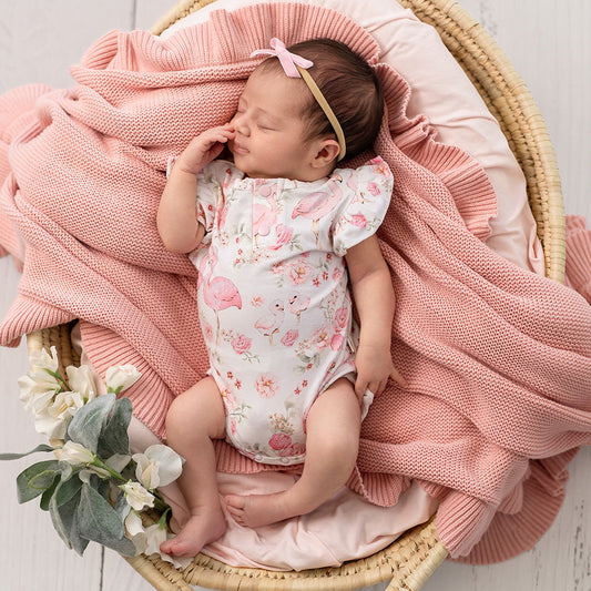Snuggle Hunny - Flamingos Short Sleeve Organic Bodysuit with Frill