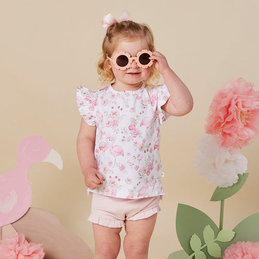 Snuggle Hunny - Flamingos Organic Short Sleeve Top with Frill