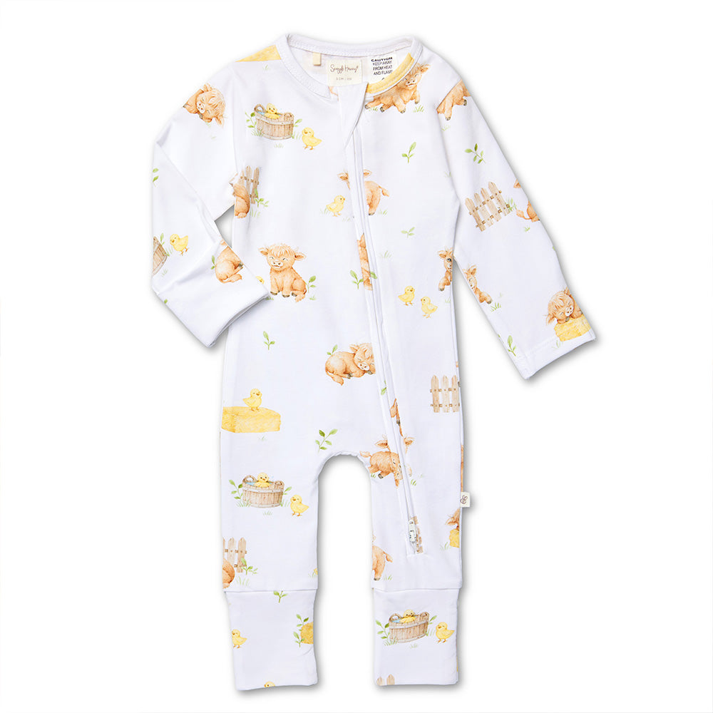 Snuggle Hunny Highland Cows convertible romper flatlay