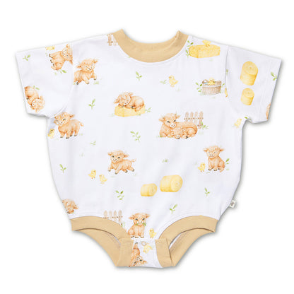 Snuggle Hunny Highland Cows organic oversized romper flatlay