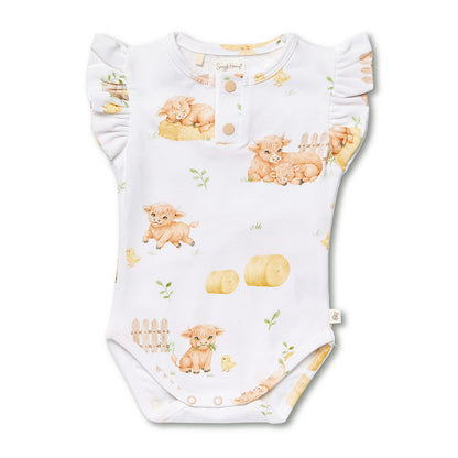 Snuggle Hunny Highland Cows bodysuit with frill flatlay