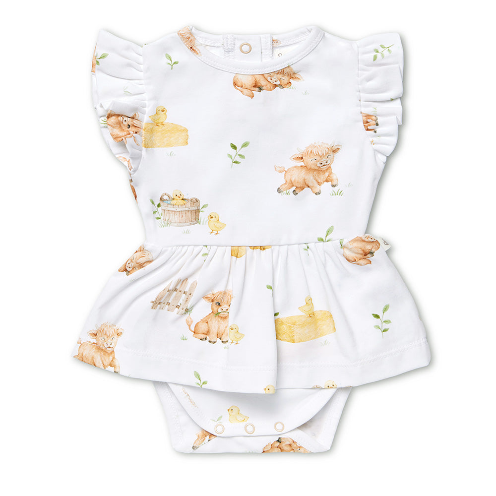 Snuggle Hunny Highland Cows short sleeve organic dress flatlay