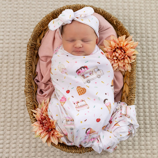 Snuggle Hunny - Ice Creams Organic Jersey Wrap & Topknot Set