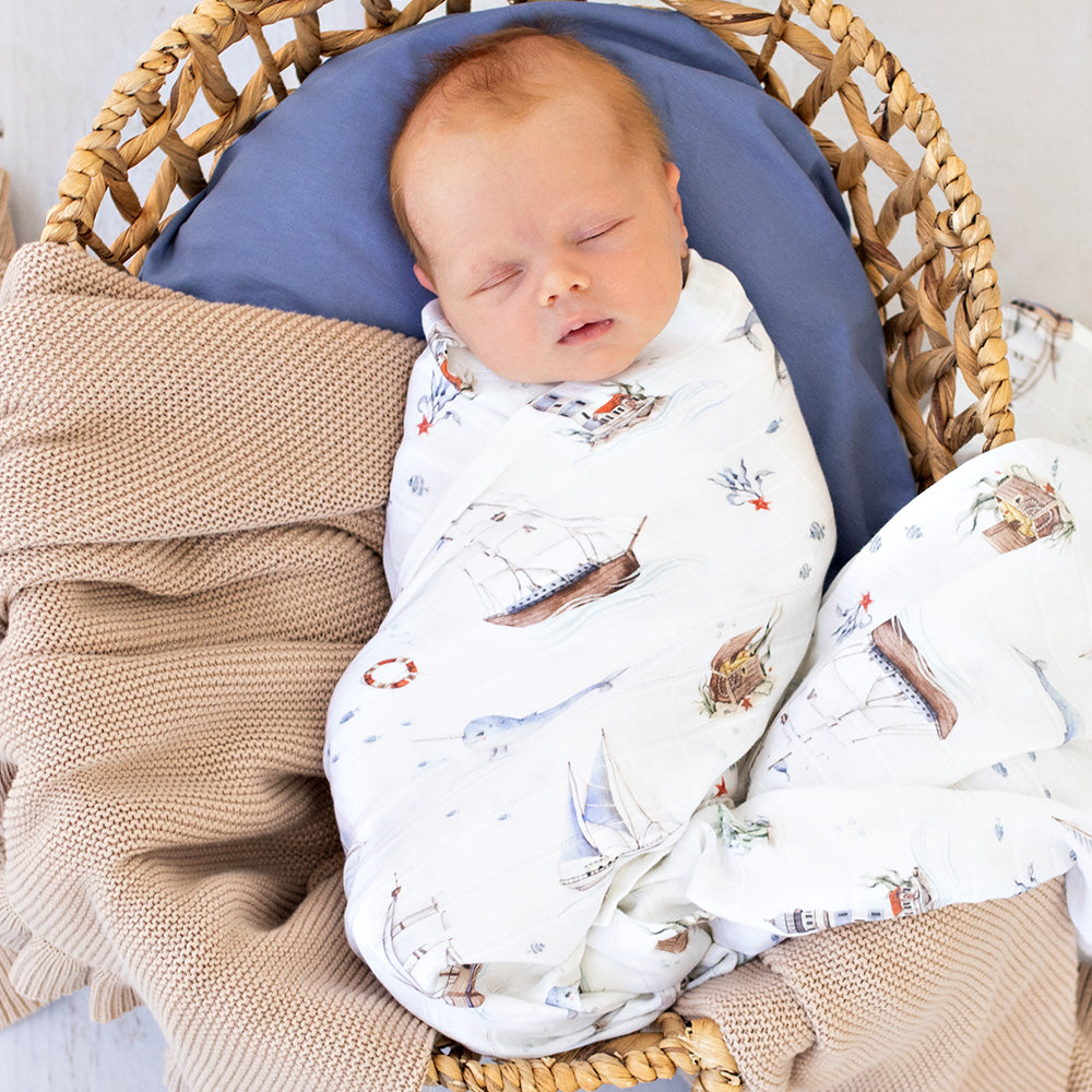 Snuggle Hunny Set Sail organic muslin wrap lifestyle