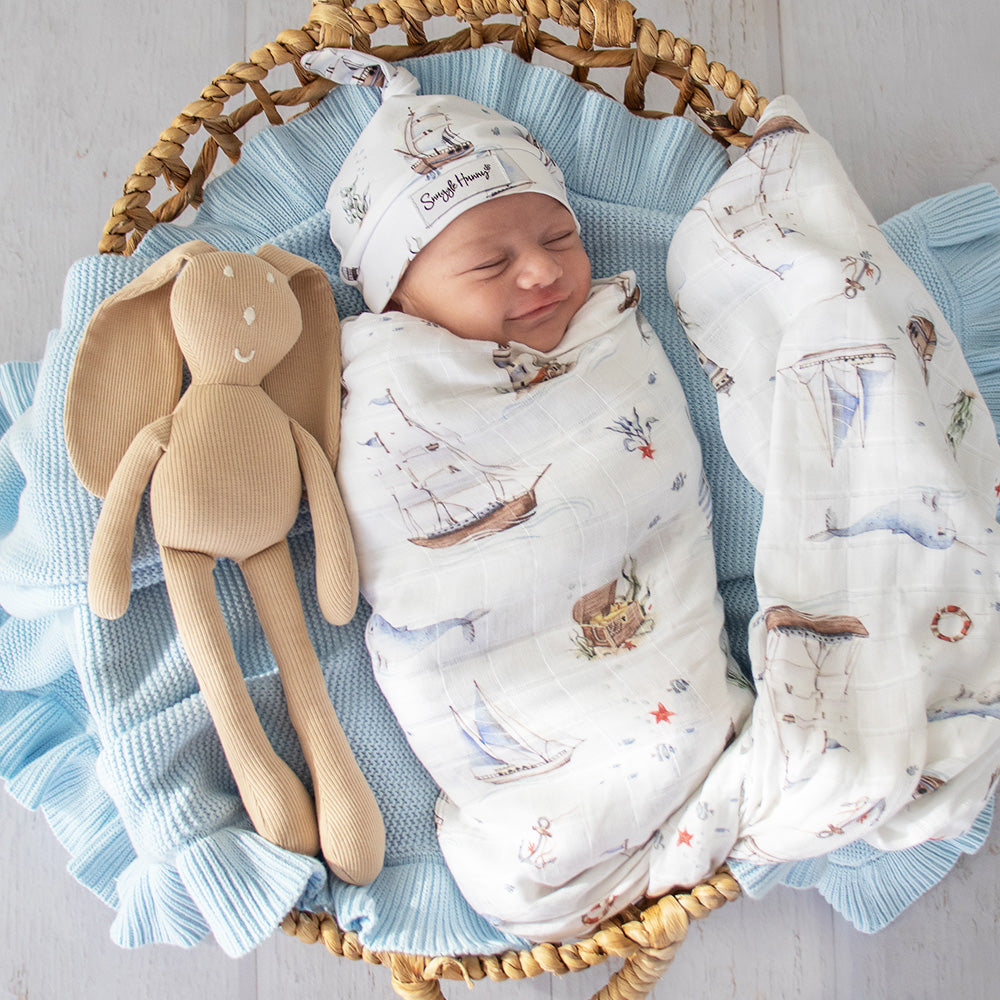 Snuggle Hunny Set Sail organic muslin wrap lifestyle
