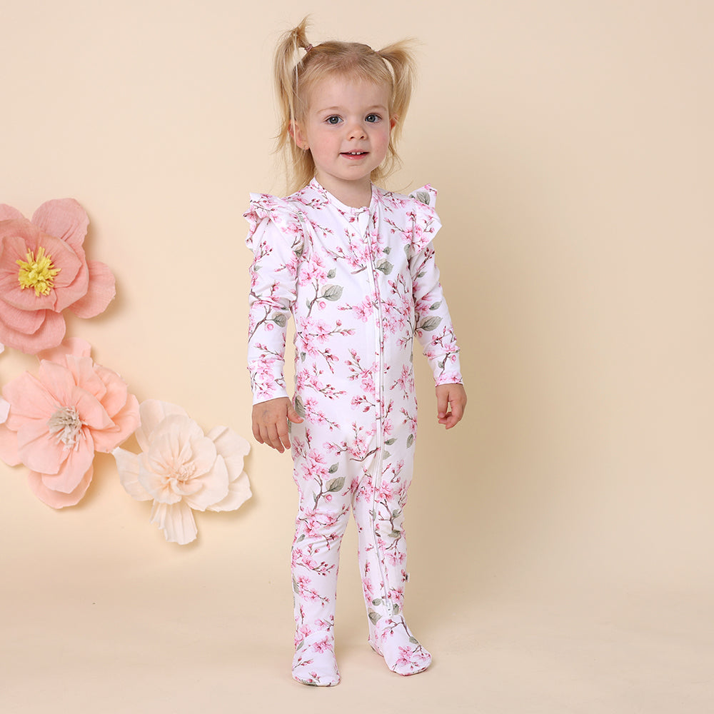 Snuggle Hunny Cherry Blossom Organic Snuggle Sleepsuit Zip Footie with Frill