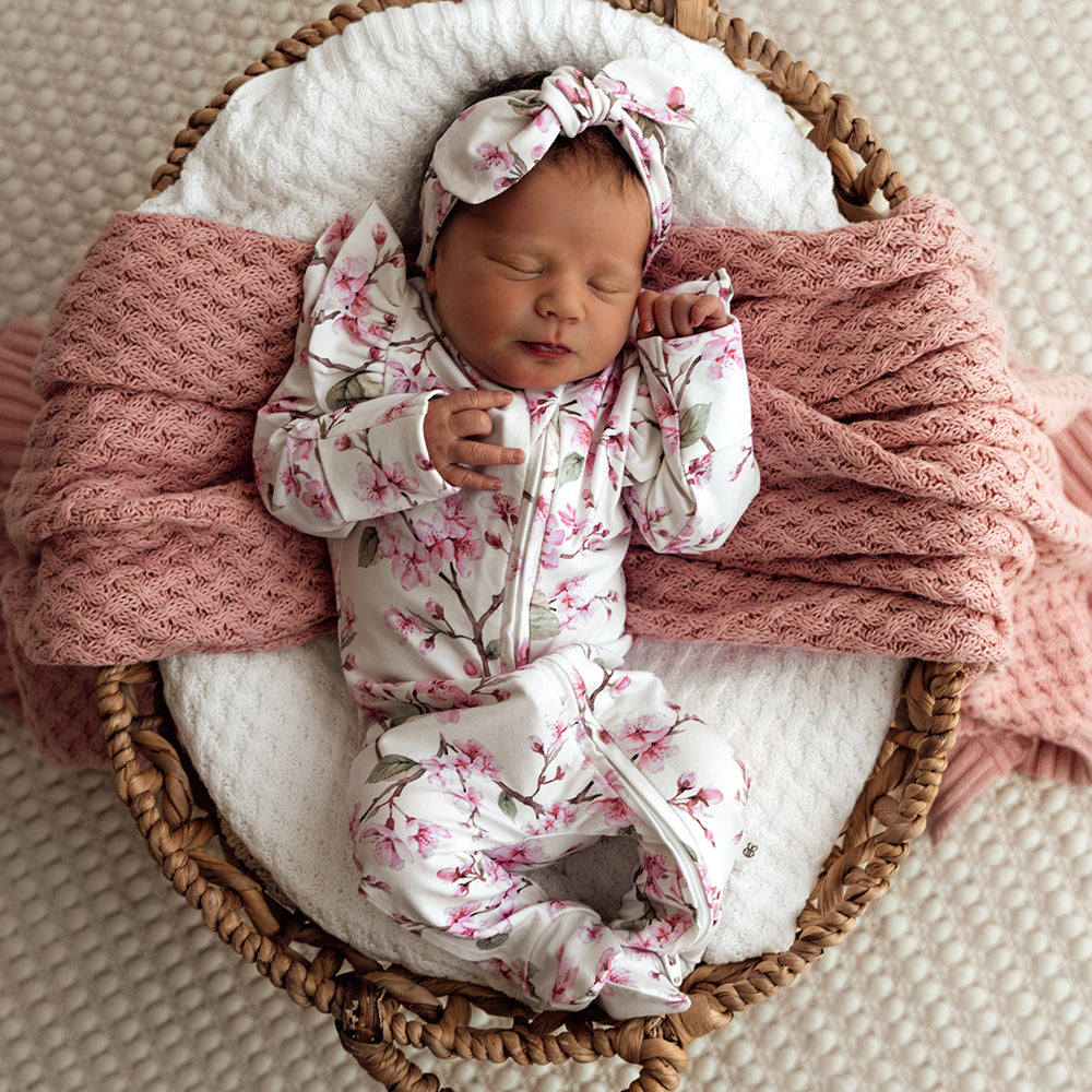 Snuggle Hunny - Cherry Blossom Organic Snuggle Sleepsuit Zip Footie with Frill